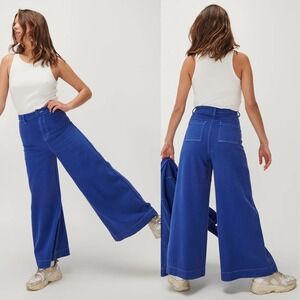 NWT Ghanda Beverley Wide Leg Pants Size 6 Blue Contrast Stitch High Waist Belted